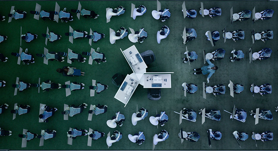 The marching band scene in Severance Season 2.